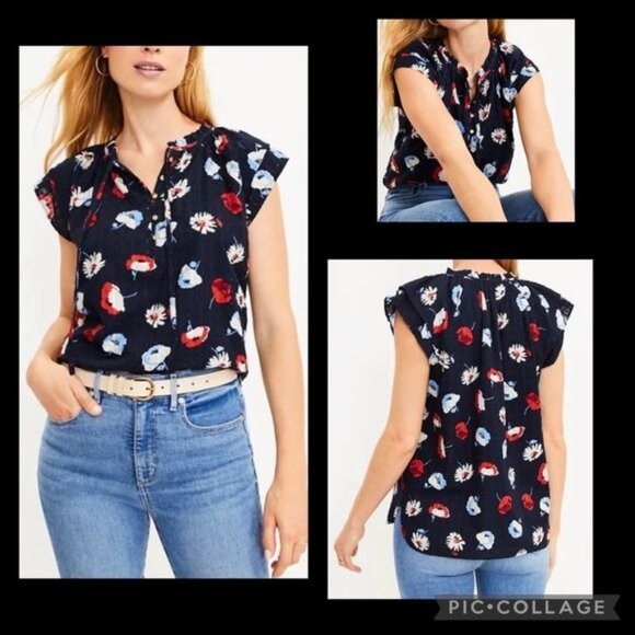 LOFT WOMEN Daisy Button Tie Neck Top Size Small - Picture 1 of 9